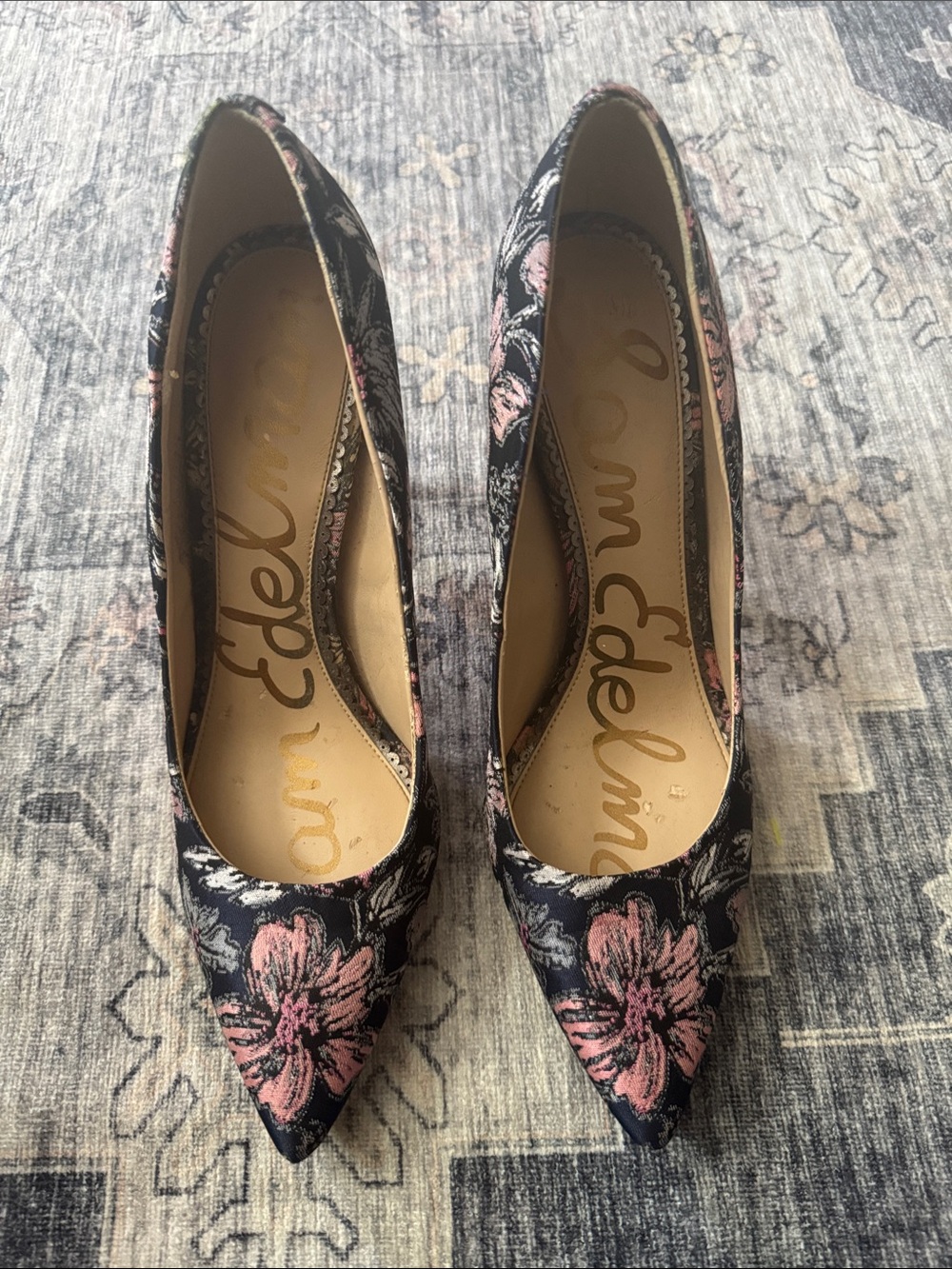 Sam Edelman Black Pumps with Pink Floral Design